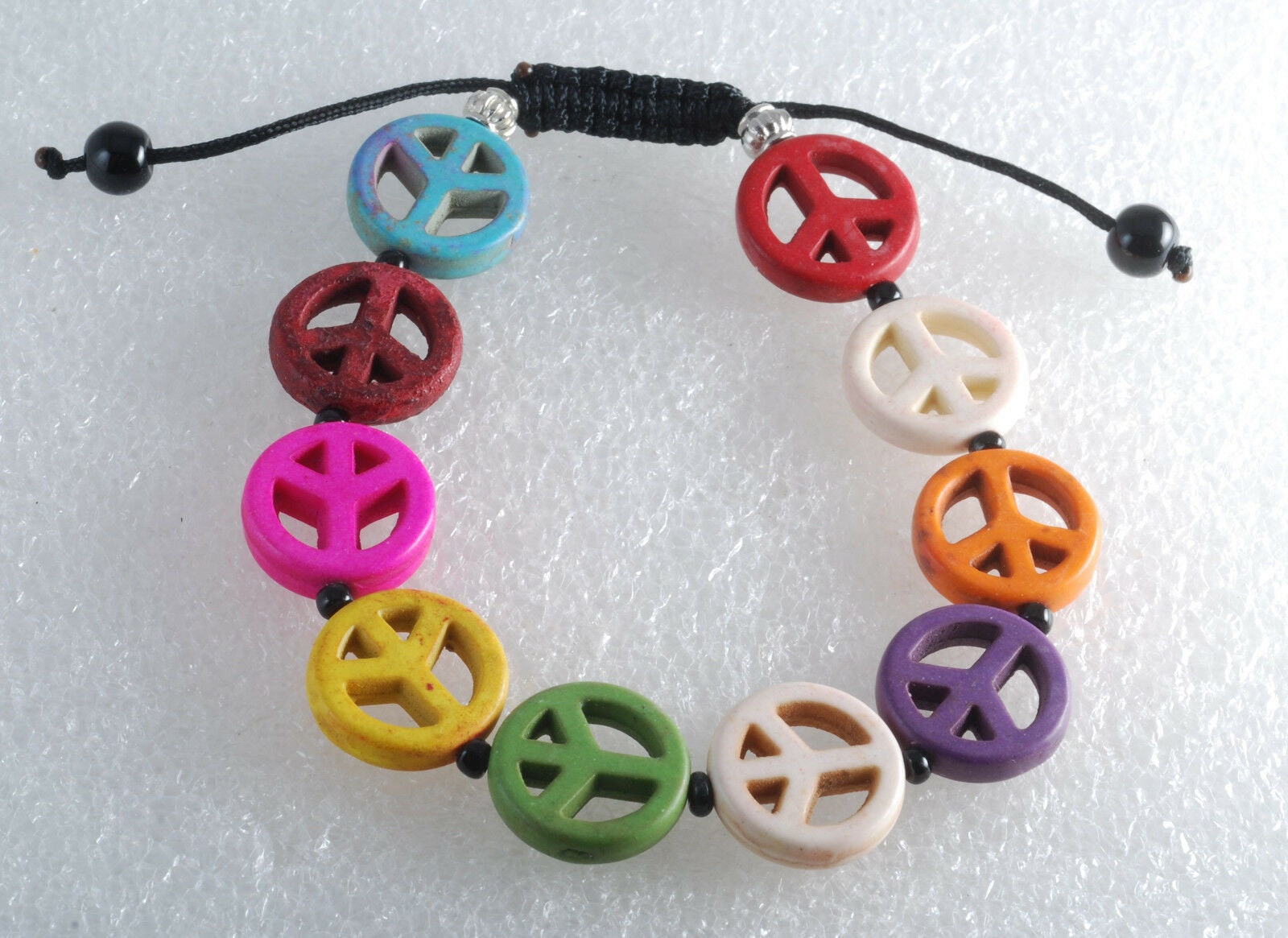 Rainbow Dyed Howlite Peace Symbol Bracelet Adjustable Jewelry