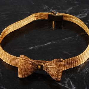 Vintage Bow Necklace Choker Gold PLated Mesh Metal Pinch Clasp 14"
