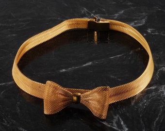 Vintage Bow Necklace Choker Gold PLated Mesh Metal Pinch Clasp 14"