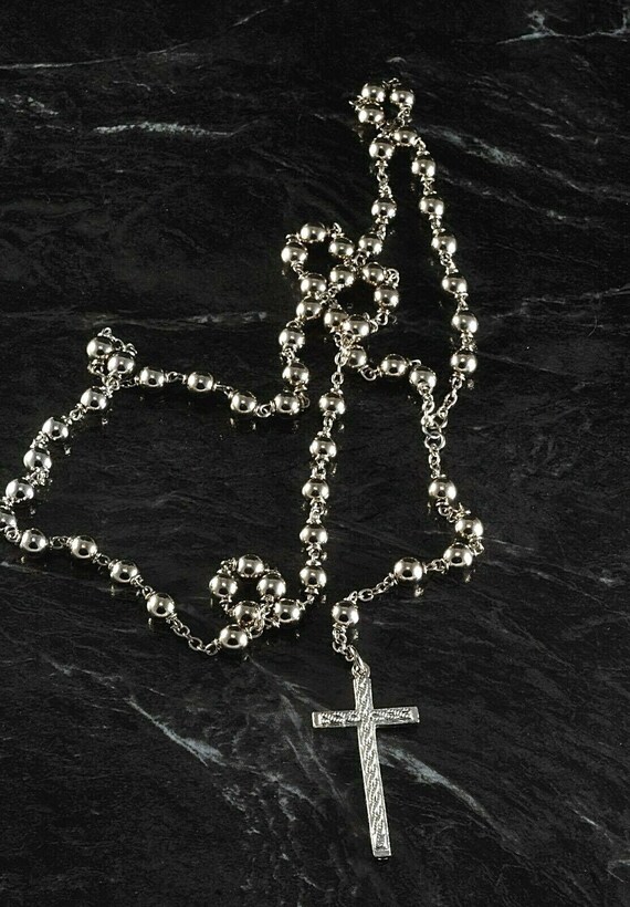 Vintage Rosary Bead Cross Necklace Religious Silver Tone Metal Etsy
