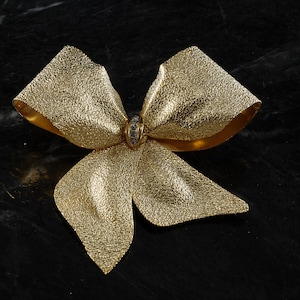 Vintage Golden Bow Brooch Textured Finish Rhinestone Gold Tone Metal Pin 2 1/2" x 3 "