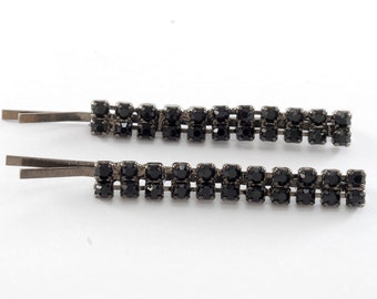 Vintage Hair Pins Bobby Pins Black Rhinestone Gunmetal Gray Pair Accessory 2" x 1/8"