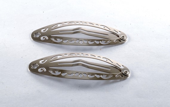 Retro Hair Barrette Snap Clip Pair Decorative Silver Tone Metal Barrette 3/4" x 2 1/4"