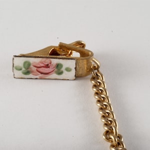 Vintage Sweater Clip Guard Gold Metal Guilloche Flower Enamel Clothing Accessory image 3