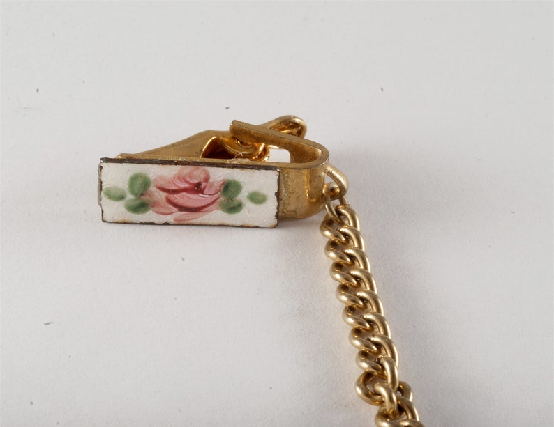 Vintage Sweater Clip Guard Gold Metal Guilloche Flower Enamel Clothing Accessory image 3