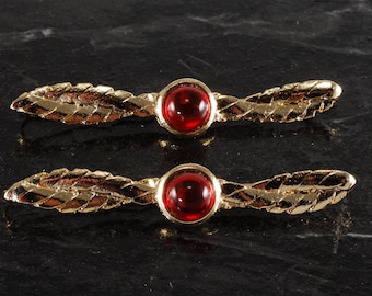 Vintage Hair Pins Bobby Pins Gold Plated Metal Red Glass Pair Accessory