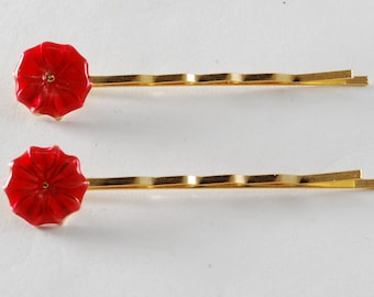 Vintage Hair Pins Bobby Pins Gold Tone Metal Red Flower Pair Hair Accessory