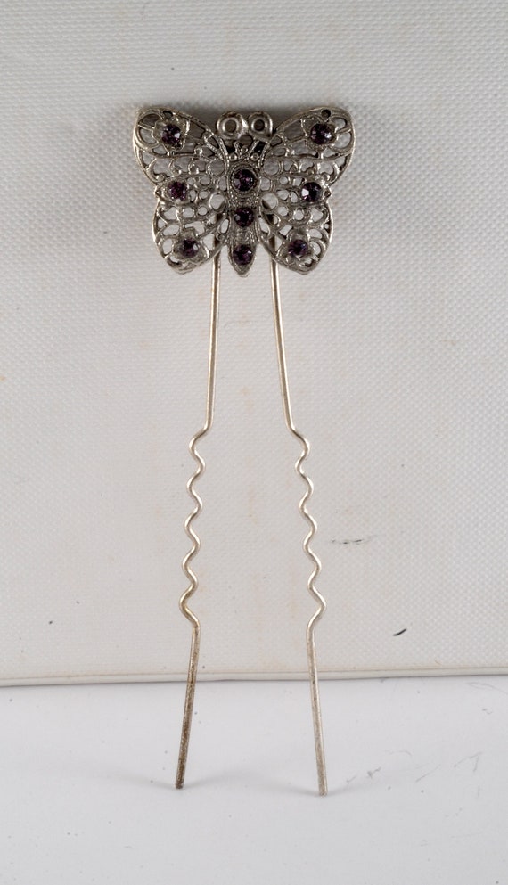 Vintage Hair Fork Silver Tone Metal Butterfly Pur… - image 1