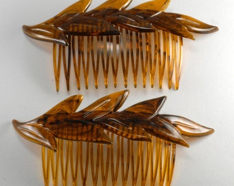 Vintage Made in USA Leaf Tortoise Color Hair Comb Pair