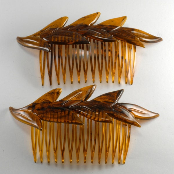 Vintage Made in USA Leaf Tortoise Color Hair Comb Pair