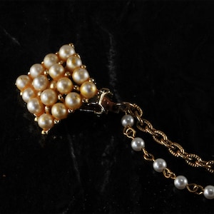 Vintage Sweater Clip Guard Gold Tone Metal Diamond Shape Faux Pearl Ends Double Chain