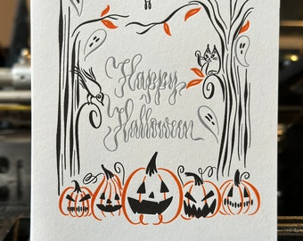 Happy Halloween-bat, pumpkins, and ghosts, Greeting Card, Halloween Greeting Card, Card