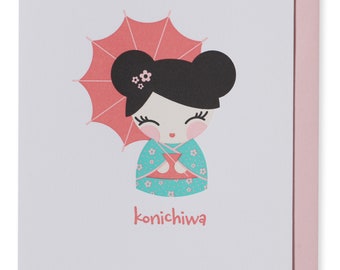 Konichiwa Letterpress Card,  Kokeshi, Japanese, Greeting Card, Kimono, Umbrella, Asian, Letterpress Card, Card, Cute Card, Asian theme