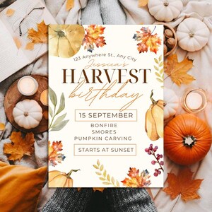 Editable Harvest Birthday Invitation, Fall Party (Canva Template)