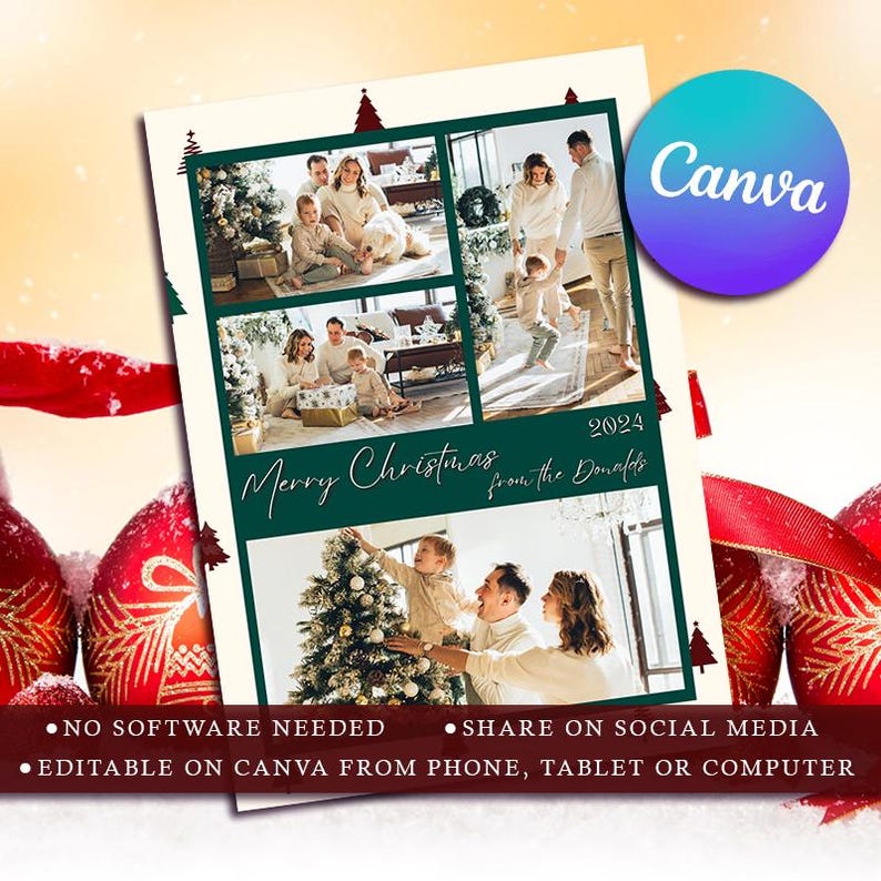 Editable Christmas Card Template, Modern Christmas Family Photo Collage ...