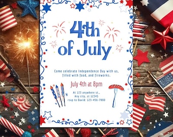 Editable 4th of July Invitation, Patriotic Party Invite, Independence Day BBQ Invitation, Red White and Blue Party, Digital July 4th Invite