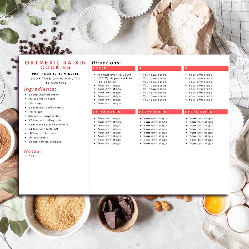 Recipe Steps Form Editable Recipe Card Template, DIY Recipe Card, 6x4 Recipe Card, Print ...