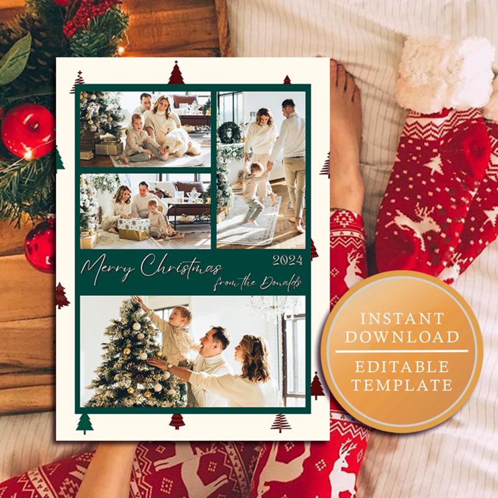 Editable Christmas Card Template, Modern Christmas Family Photo Collage ...