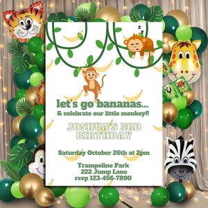Editable Birthday Party Invitation, Monkey Birthday Party, Animal Birthday Party, Let&#39;s Go Bananas