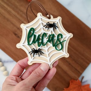 Personalized Halloween Name Tag for Kids, Spiderweb Basket Tag, Trick or Treat Name Tag, Custom Acrylic and Wood Halloween Tag, Candy Bucket