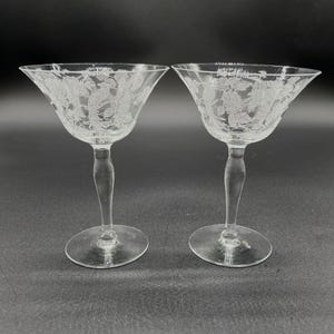 Vintage Morgantown Glass Pair of Champagne Tall Sherbet Glasses Cathay Etch no 811 on 7711 Panel Optic Blank Bird Floral