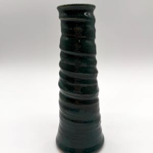 May include: A dark green ceramic vase with a spiral design. The vase has a narrow neck and a wider base. The surface has a glossy finish. The vase is approximately 8 inches tall.