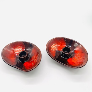 Vintage McMaster Pottery Candleholders: Red Drip Glaze Amoeba Pair Labels