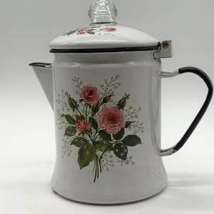 Vintage White Black Enamel Coffee Pot Pink Roses 1950