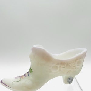Fenton White Satin Glass Slipper Shoe: Hand-Painted Grapes, Legend Insert (New in Box)