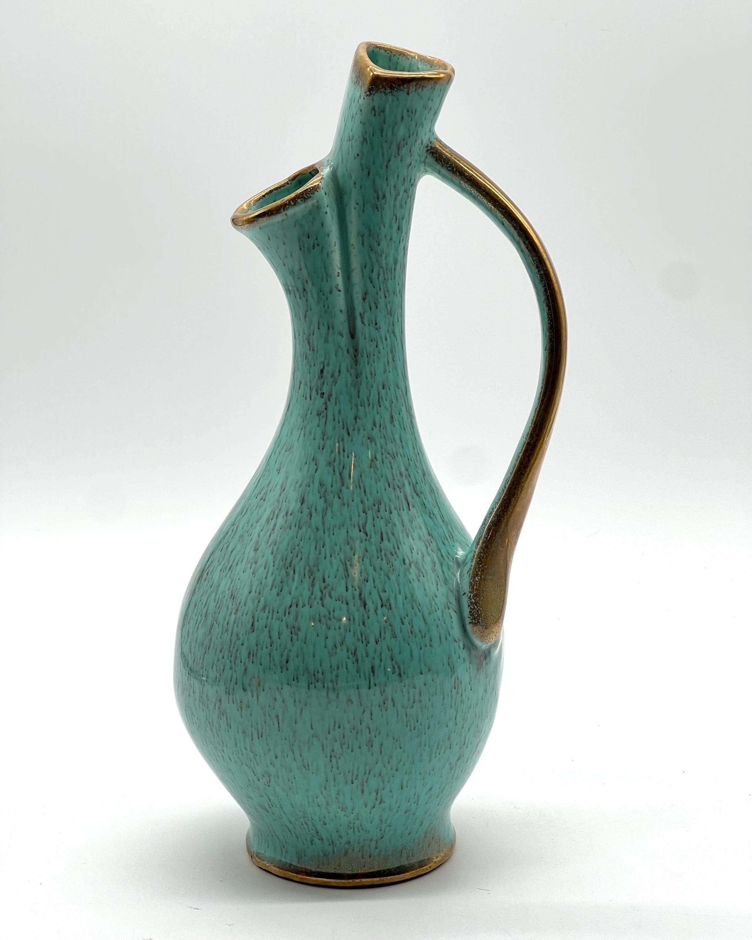 ヴィンテージのターコイズ斑点陶器製水差し：金の縁取り、1950年代