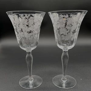 Vintage Morgantown Glass Pair of Tall Wine Water Glasses Cathay Etch no 811 on 7711 Panel Optic Blank Bird Floral