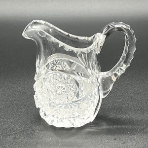 Small Hobstar Cut Glass Creamer or Syrup Pitcher Fancy Breakfast  Antique Decor