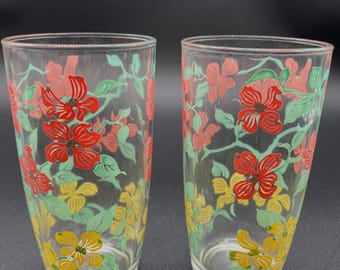 Vintage Retro Pair of Hazel Atlas Pink Yellow Dogwood Tumblers