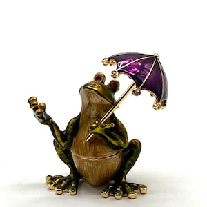 Vintage Hand Enameled Frog with Umbrella Trinket Box Austrian Swavorski Crystals Russian?