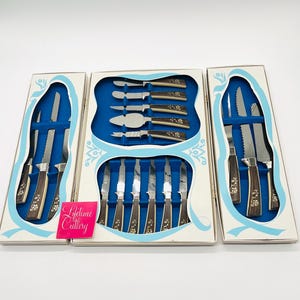 Vintage Treasure Chest 19 Teiliges goldenes Prestige Besteck Set Sheffield Englische Klingen Original Box EUC