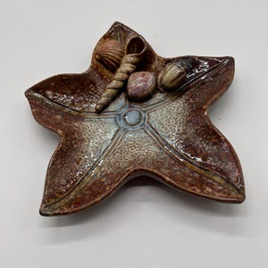 Pode incluir: Um prato de cerâmica marrom em forma de estrela do mar com uma superfície texturizada. O prato tem uma borda elevada e é decorado com conchas.