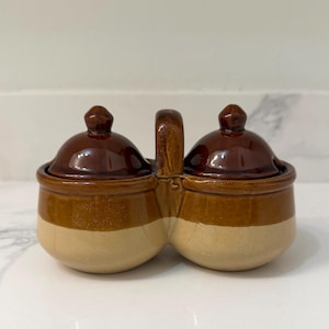 Könnte beinhalten: Ein Keramik-Gewürzservierer mit zwei verbundenen Fächern und passenden Deckeln. Der Servierer hat einen Griff zum einfachen Tragen. Das Farbschema ist eine Kombination aus Braun und Beige mit glänzendem Finish.