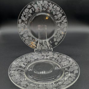 Vintage glazen Morgantown-lunchborden: Cathay Bird Floral Etch, paar!