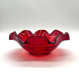 HTF Viking Glass Ruby Red Princess 9 inch Ruffled Low Bowl Cogwheel Bottom 1956