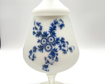 Vintage 1950s Italian Empoli White Satin  Blue Floral Apothecary Candy Jar