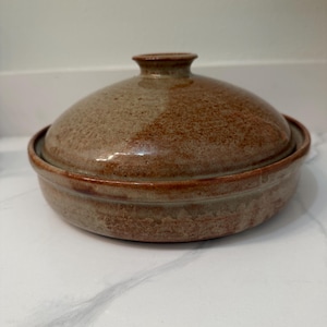 May include: A brown ceramic lidded casserole dish. The dish has a rounded shape with a lid and a small handle on top. The exterior has a speckled texture and a glossy finish. The dish is designed for cooking and serving.