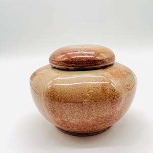 May include: A small, round ceramic jar with a lid. The jar is a light brown color with a reddish-brown glaze. The lid is slightly darker than the jar.