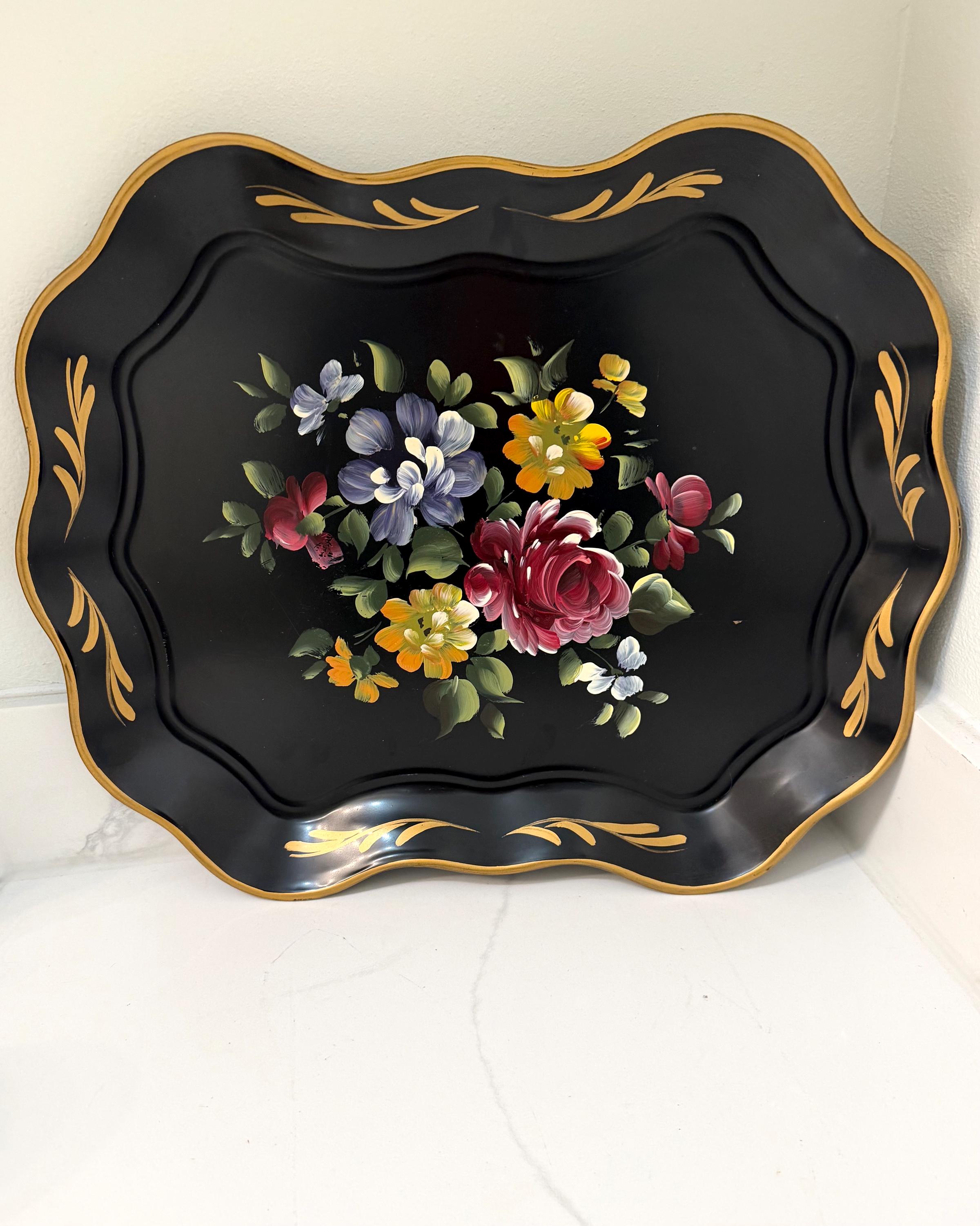 Vintage Hand Painted Black Gold Floral Tole Metal Tray Nashco 