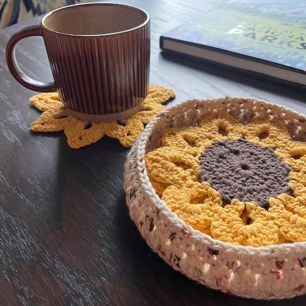 Crochet Sunflower Coasters: Handmade Cotton Farmhouse Table Decor