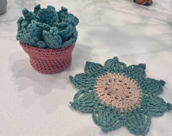 Crochet Cactus Coaster Set: Handmade Cotton Succulent Flower Coasters