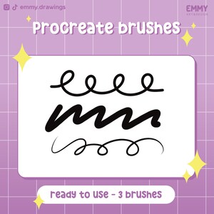 Könnte beinhalten: Grafik mit digitaler Kunst, die drei schwarze Procreate-Pinsel auf weißem Hintergrund zeigt, mit einem lila Gittermuster. Der Text lautet "Procreate brushes" und "ready to use - 3 brushes".