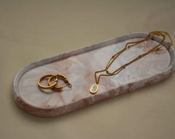 Modern Marbled Oval Concrete Tray, Trinket and Home Decor, Minimalist Vanity Tray for Perfume or Jewelry Display, Unique Gift for Friend