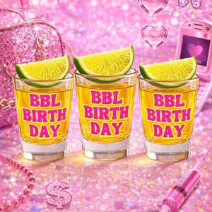 Vaso de chupito de cumpleaños BBL – Vaso de chupito rosa fucsia y amarillo para fiestas temáticas de chicas, regalo divertido para después de una operación, recuerdo para una noche de chicas, 44 ml (1.5 oz)