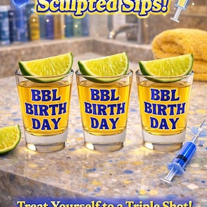 Vaso de chupito de cumpleaños BBL – Vaso de chupito transparente de 44 ml para fiestas, regalo de cumpleaños con temática de villanos azules y amarillos, divertido artículo de bar para fiestas