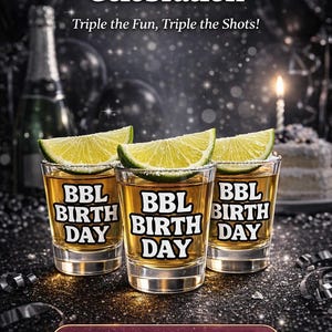 Vaso de chupito de cumpleaños BBL – Vaso transparente de 44 ml con texto blanco y contorno negro – Regalo de cumpleaños postoperatorio – Recuerdo de fiesta para personas con estilo – Envío gratis